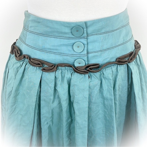💕Beautiful Teal Colored Full Cue Skirt Beautiful Brown Trim Detail💕 - Picture 4 of 10